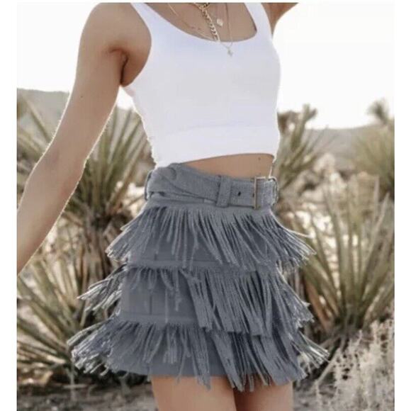 Nylon Apparel Rhinestone Fringe Mini Skort Skirt Gray Blue 1XL Taylor Festival - Picture 1 of 9